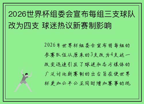 2026世界杯组委会宣布每组三支球队改为四支 球迷热议新赛制影响 2026世界杯组委会宣布每组三支球队改为四支 球迷热议新赛制影响